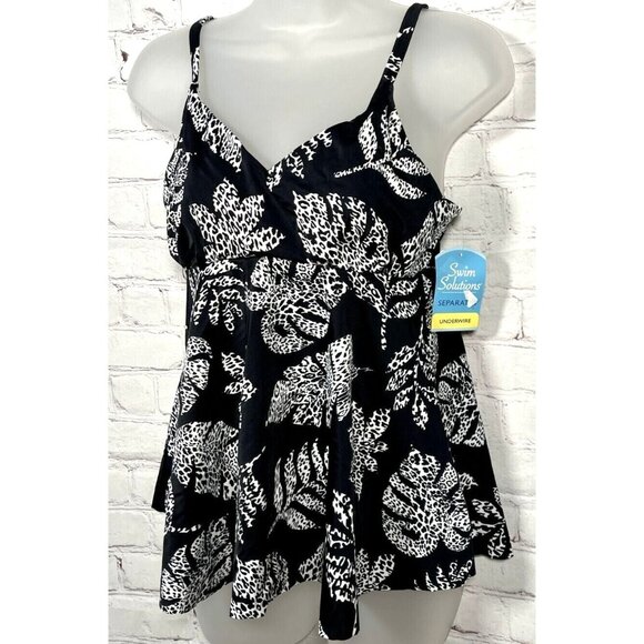 Swim Solutions Size Black Spotted Leaves Underwire Tankini Top Size 12 - Picture 3 of 5